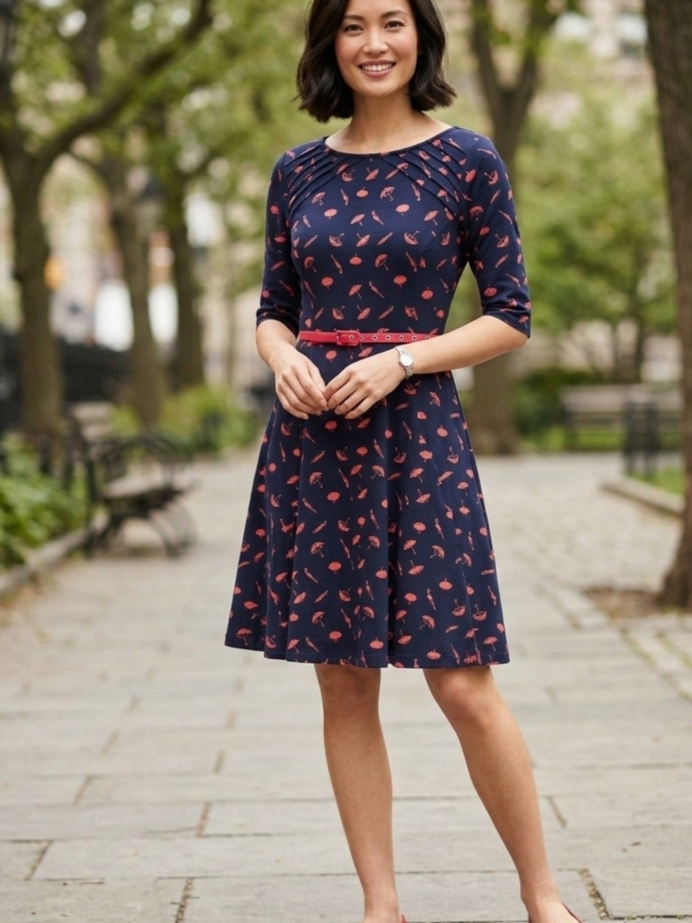 Unique Vintage Navy Blue Fit-and-flare Retro Dress Red Umbrella Print